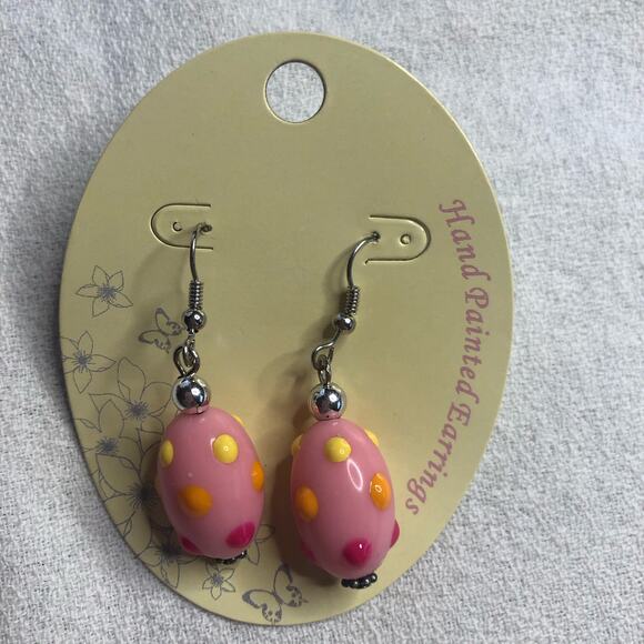 Pink Pastel Polka Dotted Lampwork Bead Earrings Dangle NWT - Picture 6 of 6